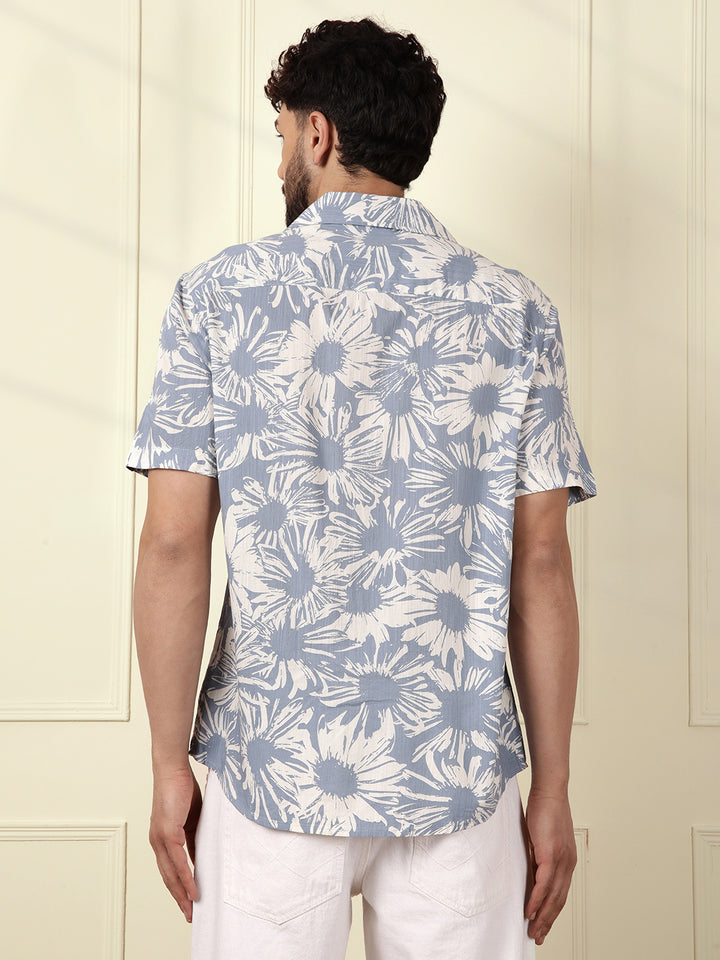 Floral AOP Viscose Slub Shirt | Blue