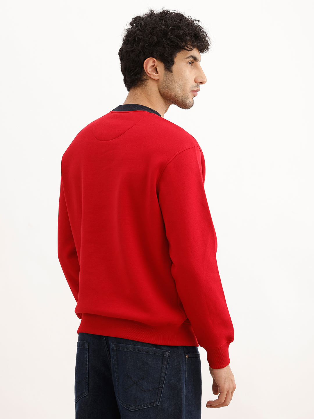 Solid Contrast Collar Placement Printed Sweatshirt | Red