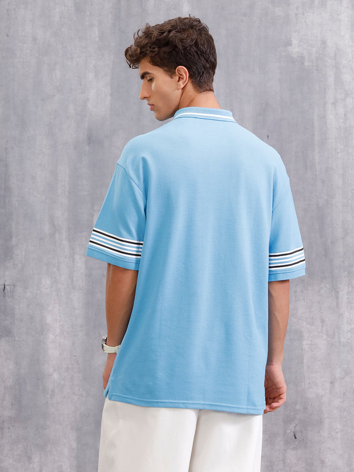Striped Sleeve Oversized Fit Polo T-Shirt | Blue