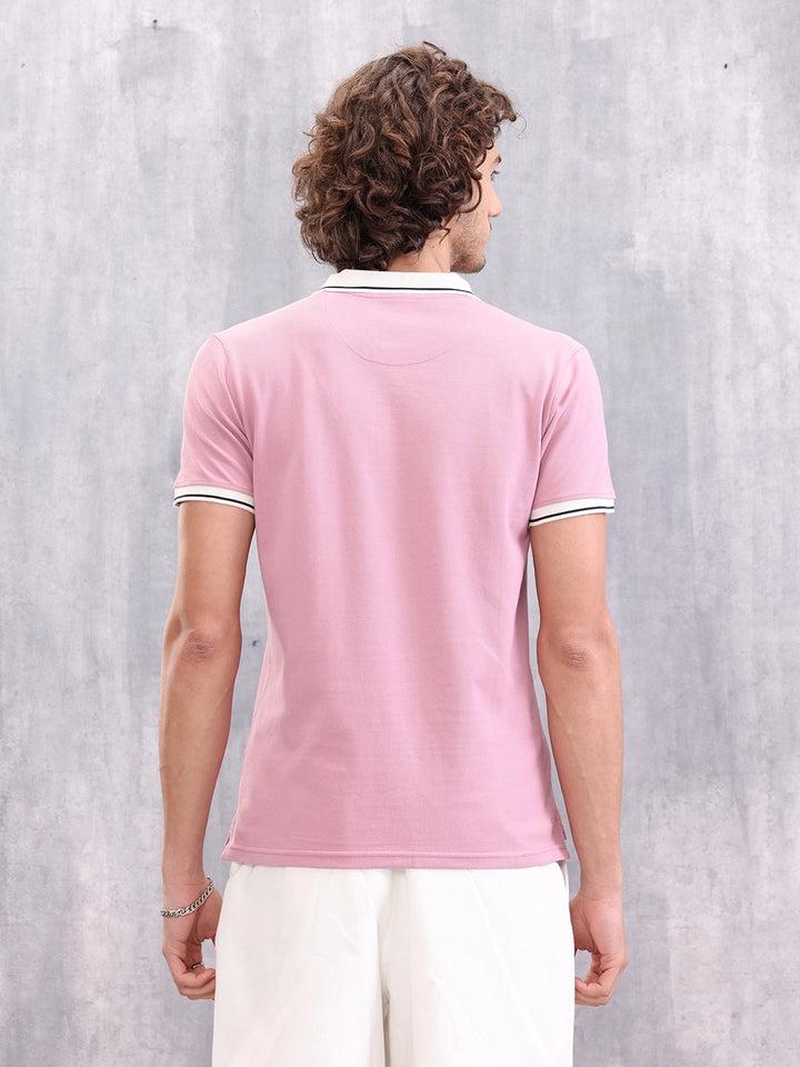 Contrast Collar Polo T-Shirt | Pink
