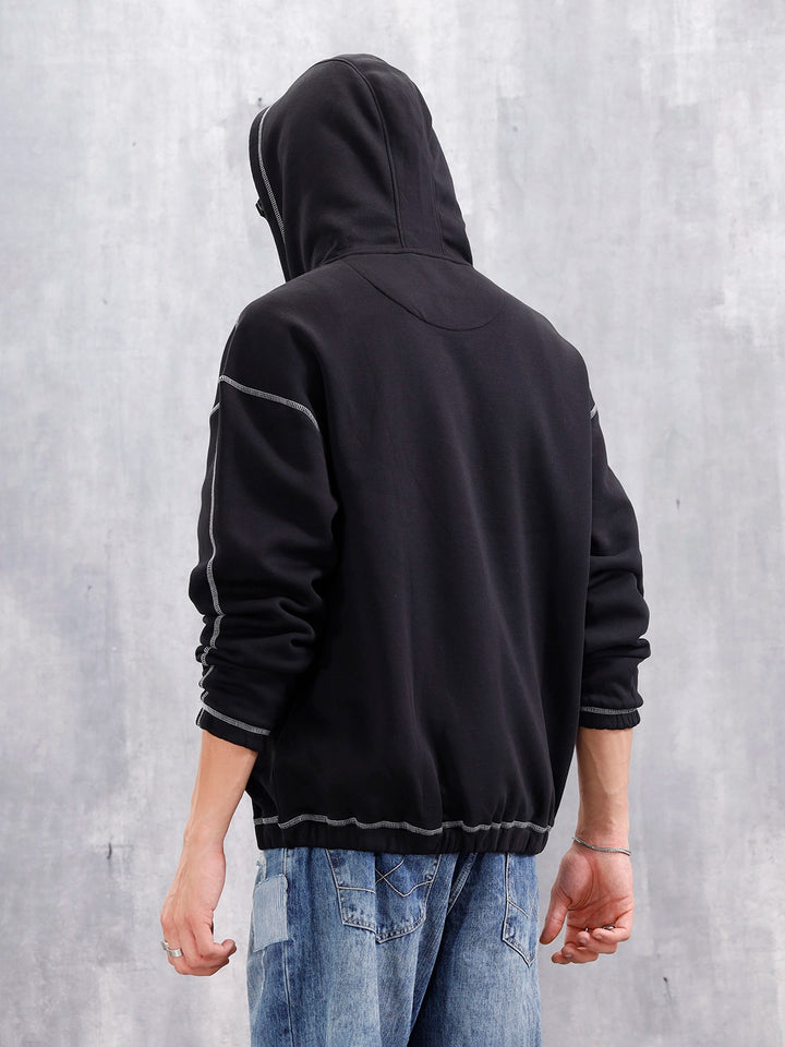 Oversized Fit Zip-Through Hoodie With Contrast Stitch | Black