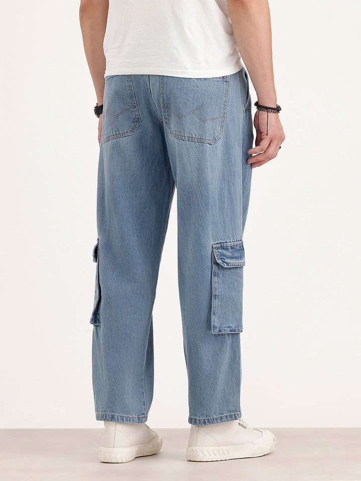Loose Fit Cargo Denim Jeans | Light Blue