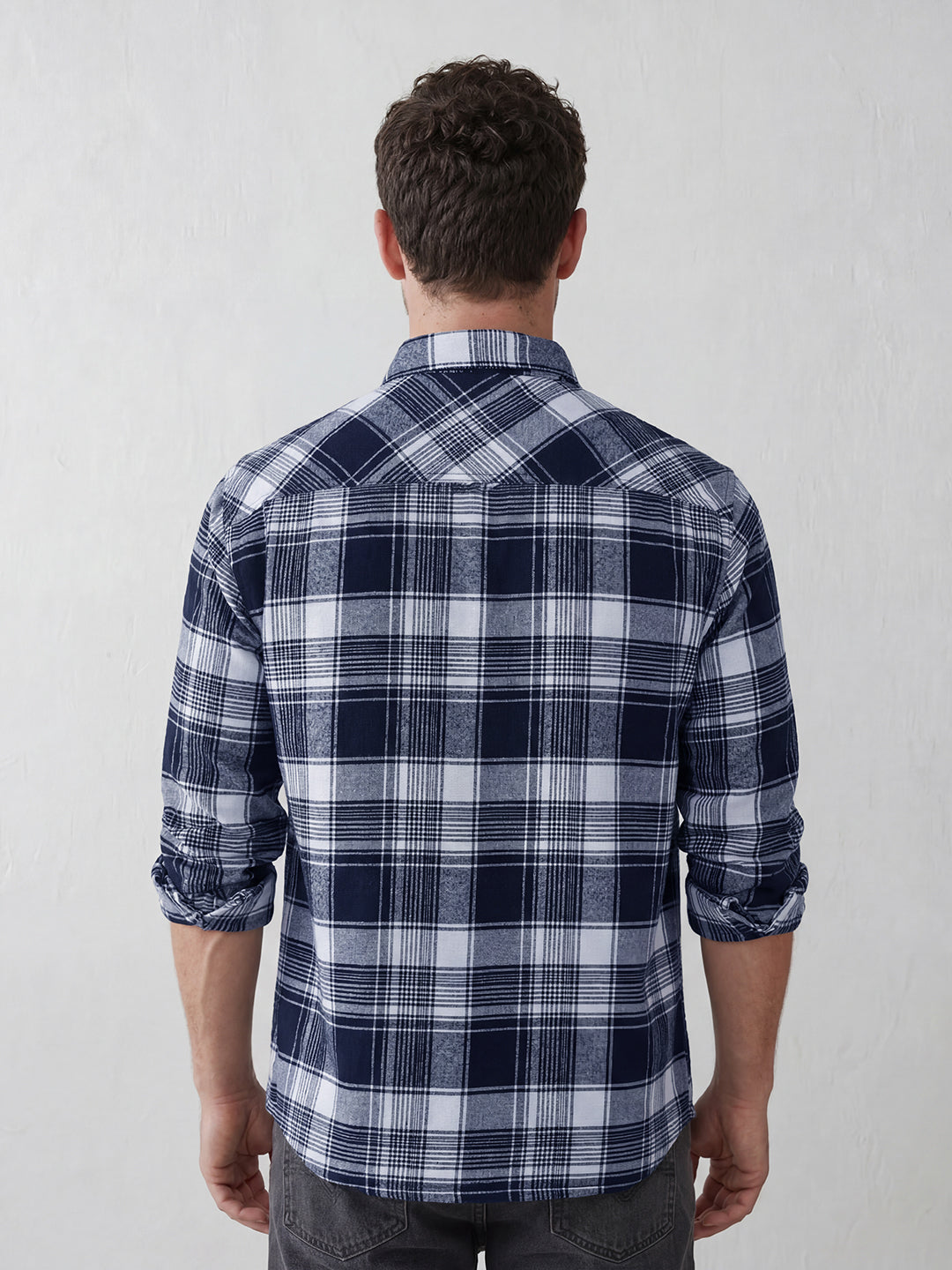 Men's casual checkered pattern double pocket shirt | Blue