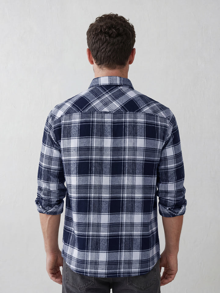 Men's casual checkered pattern double pocket shirt | Blue