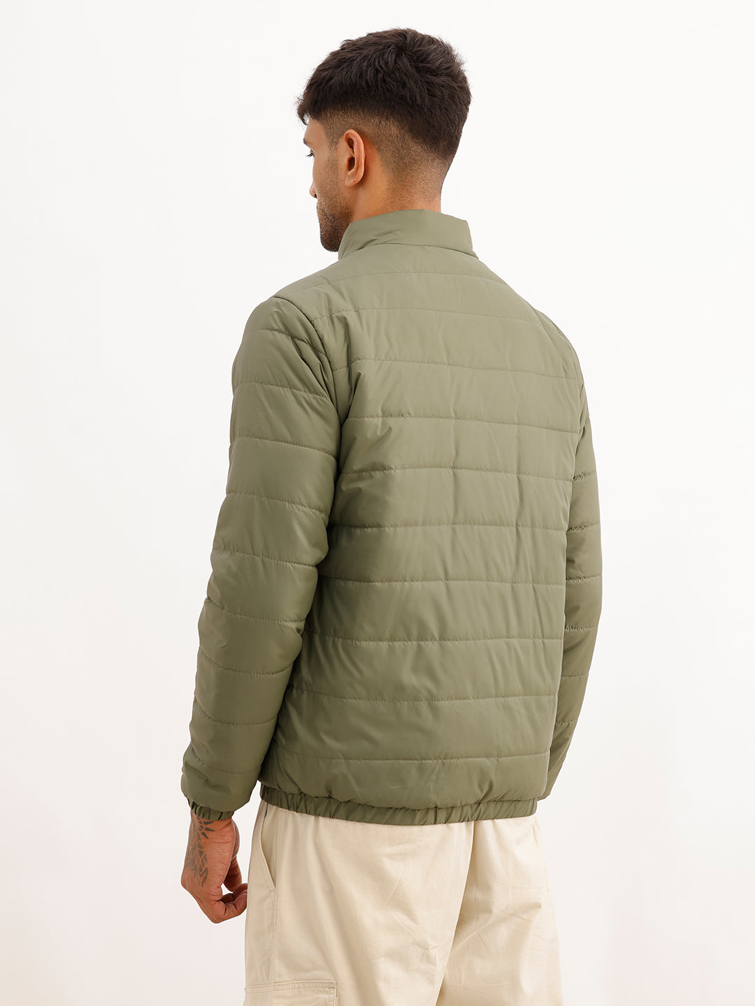 Solid Regular Fit Puffer Jacket | Green