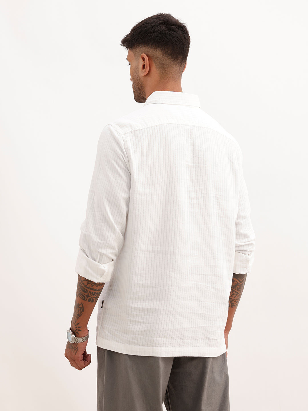 Textured Half Placket Full Sleeve Shirt | White