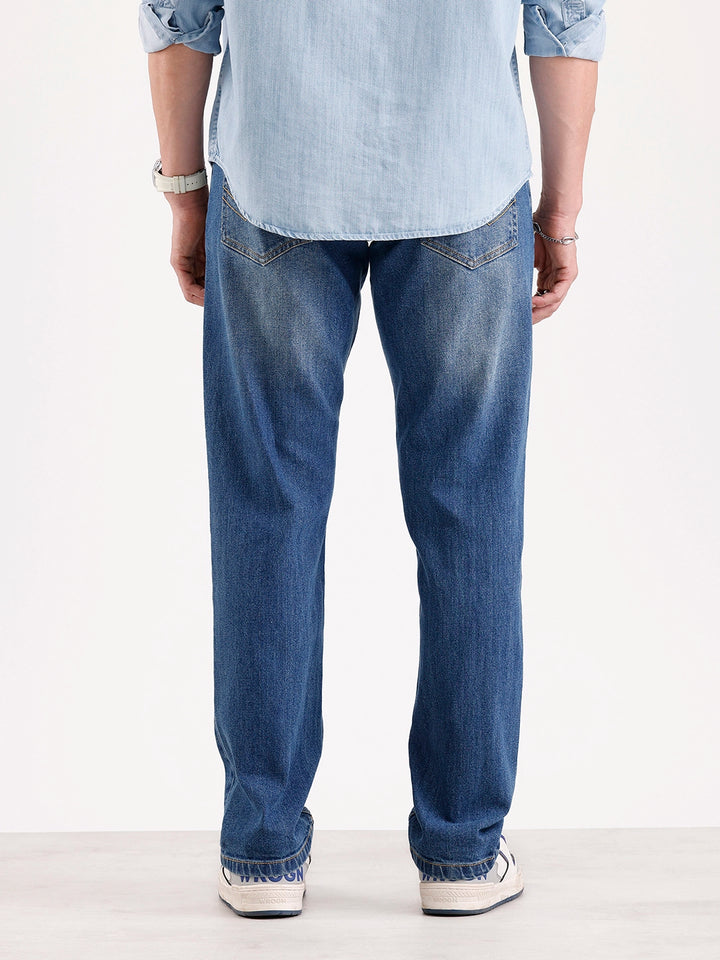 Distressed Straight Fit Denim Jeans   |  Blue