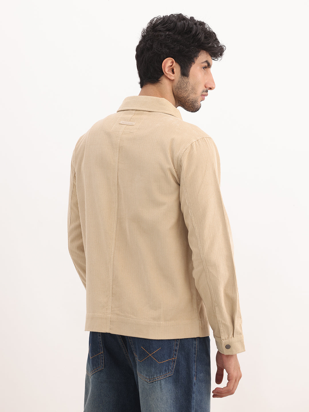 Solid Regular Fit Double Pocket Corduroy Jacket | Beige