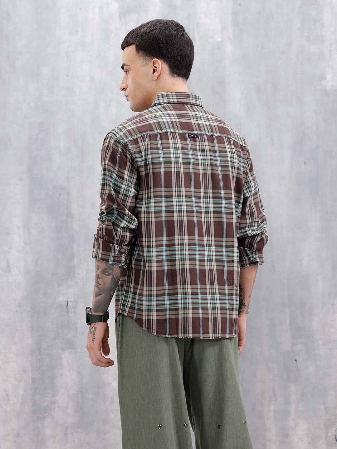 Wrogn Men’s Comfort Fit Checkered Shirt With Chest Pocket | Brown