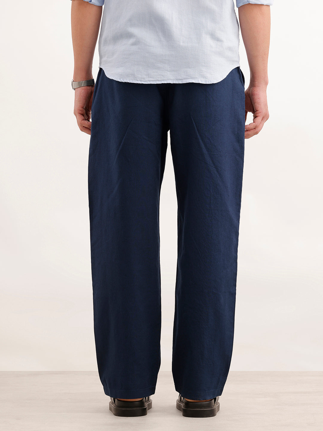 Loose Fit Solid Linen Blend Mens Trouser  | Navy Blue