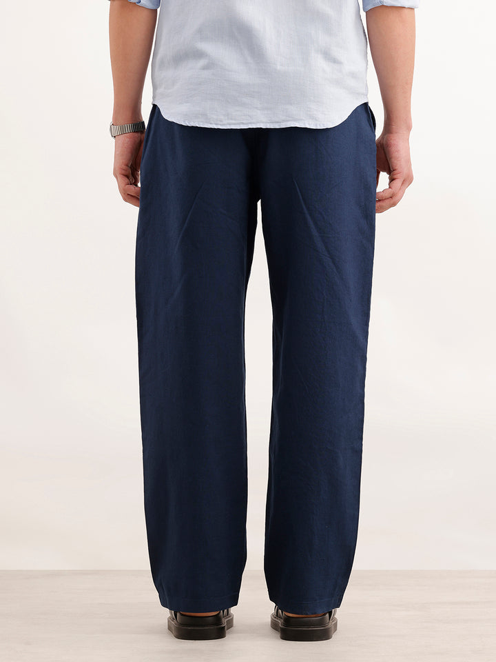 Loose Fit Solid Linen Blend Mens Trouser  | Navy Blue