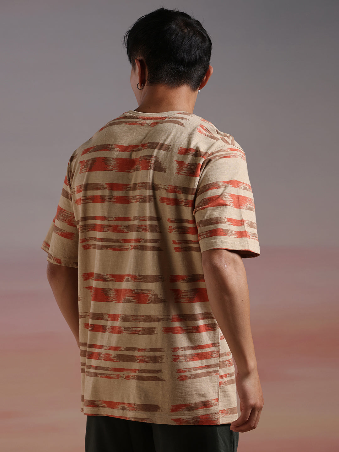 Striped Glitch Oversized Khaki T-Shirt