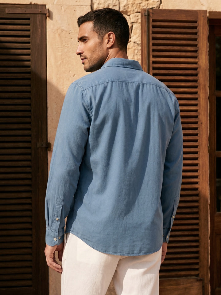 Solid Linen Blend Slim Fit Shirt | Blue