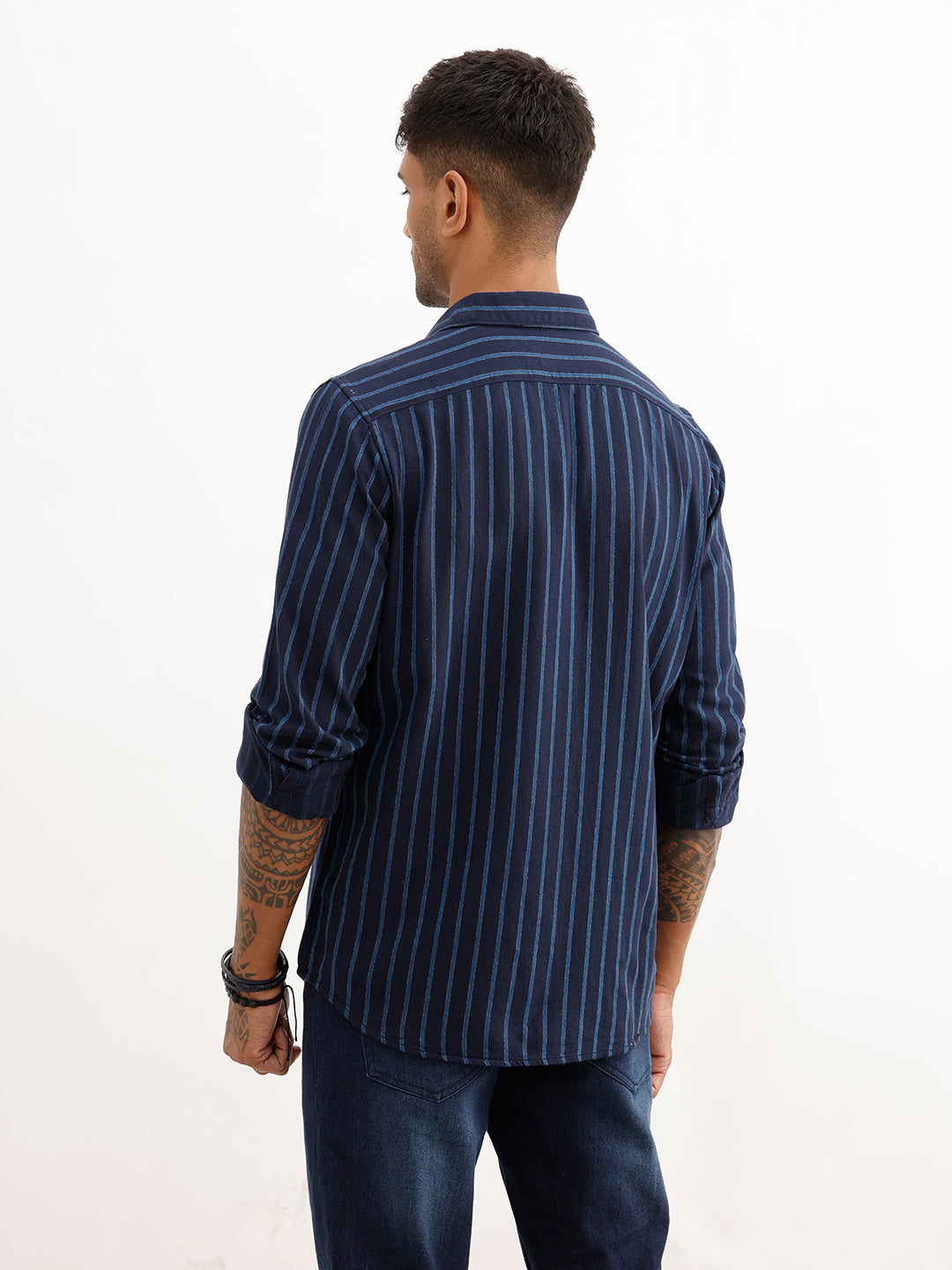 Regular Fit Striped Full Sleeve Shirt | Navy Blue