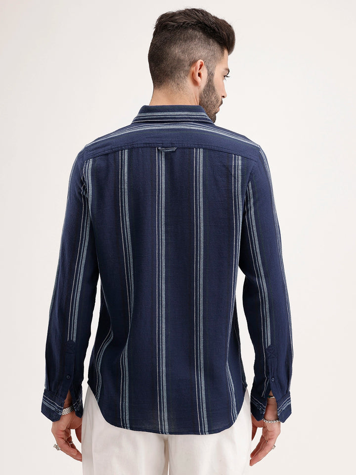 Men's Casual Striped Regular Fit Shirt  | Navy Blue