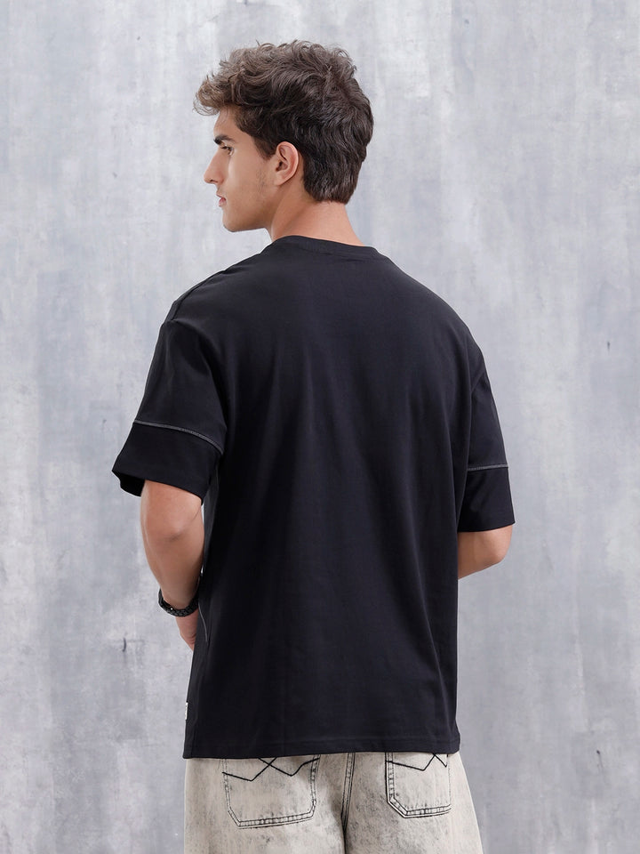Casual Men Oversized Fit Tee With Flat Lock Detail | Black