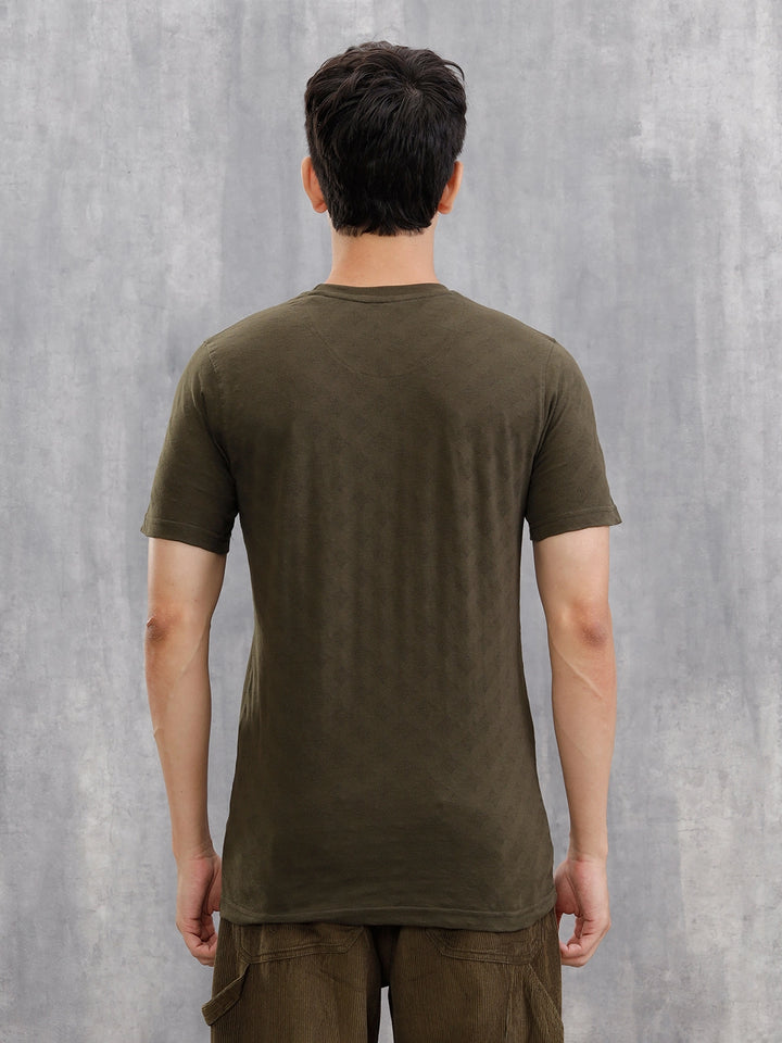 Geometric Jacquard Slim Fit Cotton Blend T-Shirt  |  Olive