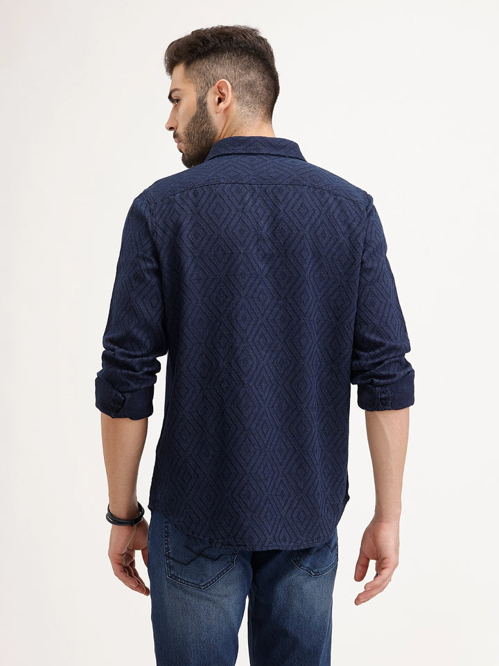 Textured Slim Fit Full Sleeve Shirt | Navy Blue