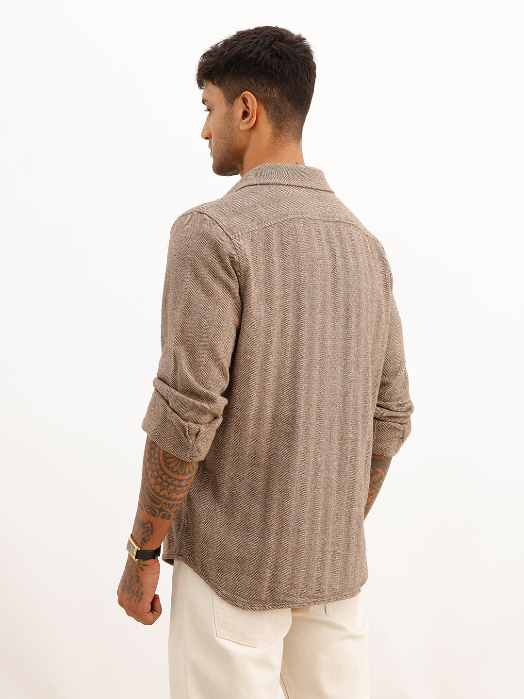 Slim Fit Herringbone Knit Full Sleeve Shirt | Brown