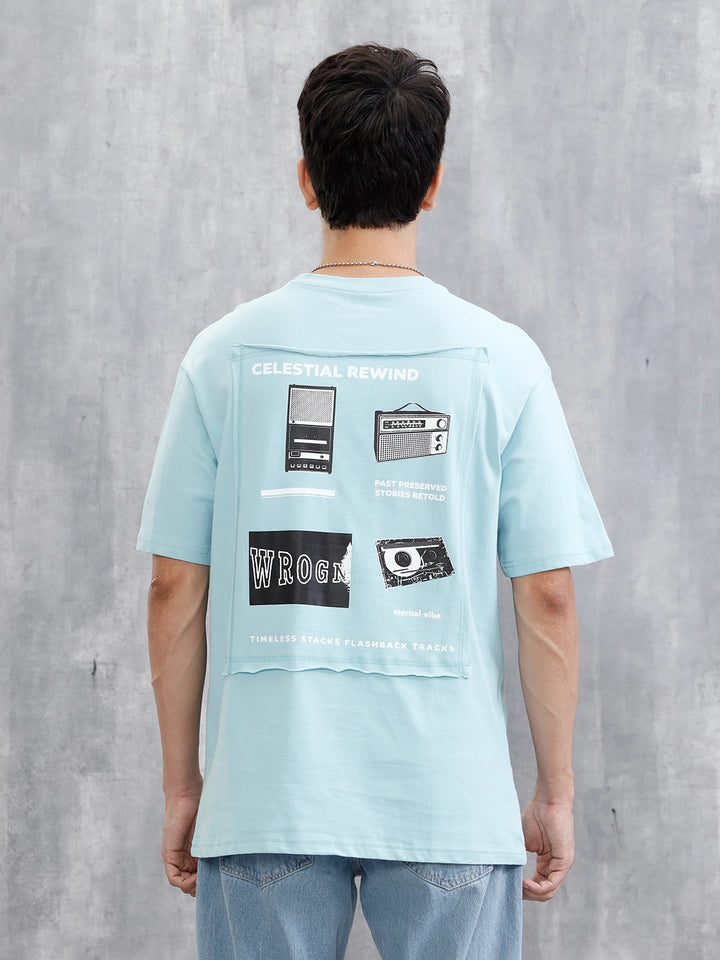Back Printed Patchwork T-Shirt | Light Blue