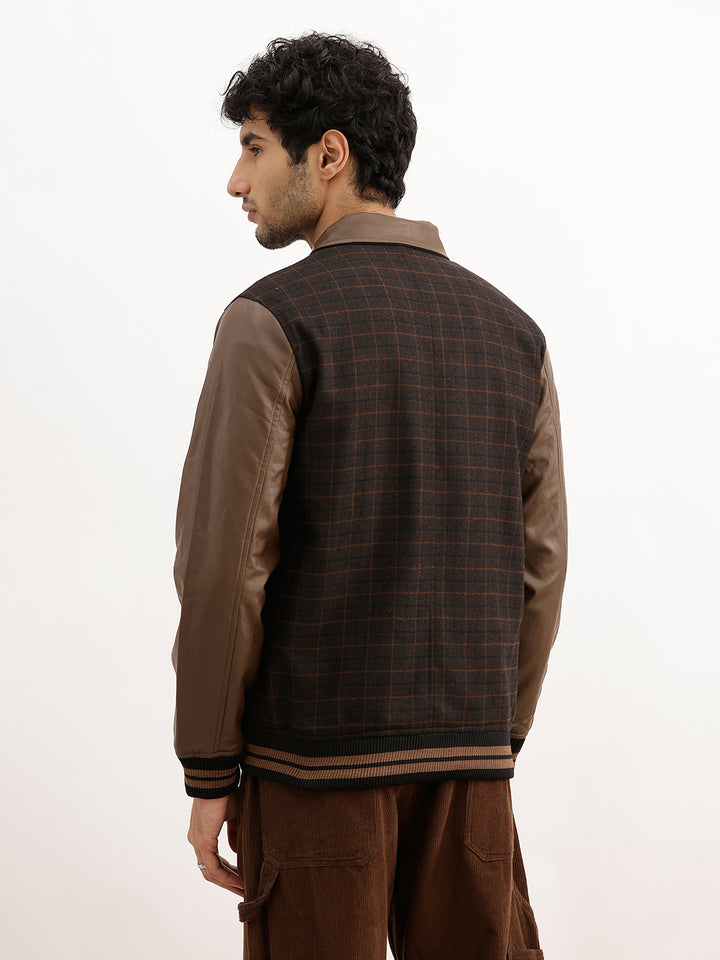 Classic Regular Fit Checkered Pannel Jacket | Brown