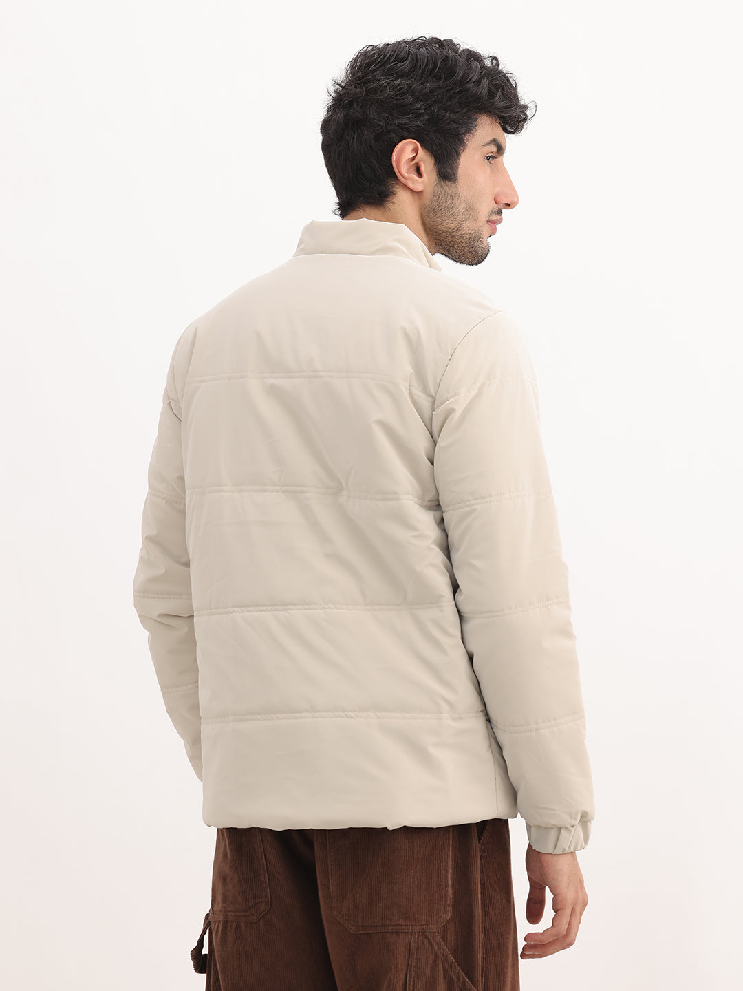 Solid Regular Fit Zipper Puffer Jacket | Beige