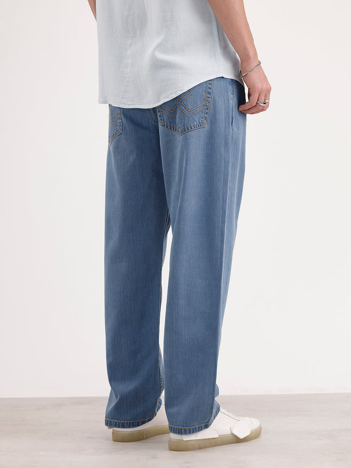 Loose Fit Textured Denim Jeans | Light Blue