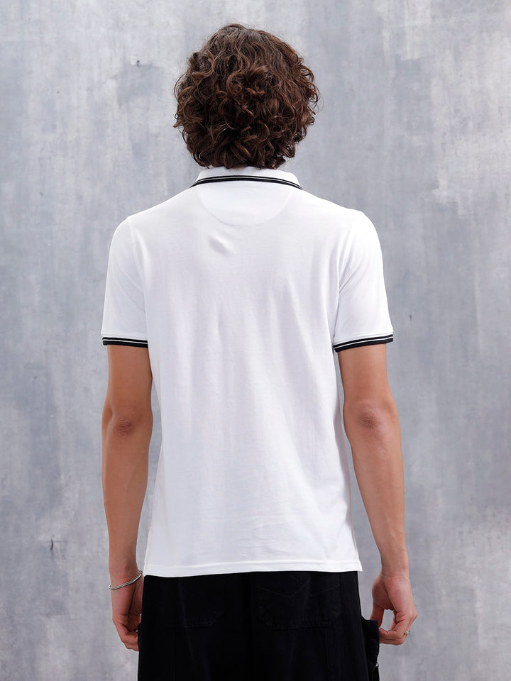 Slim Fit 100% Cotton Johnny Collar Polo With Contrast Tipping | White