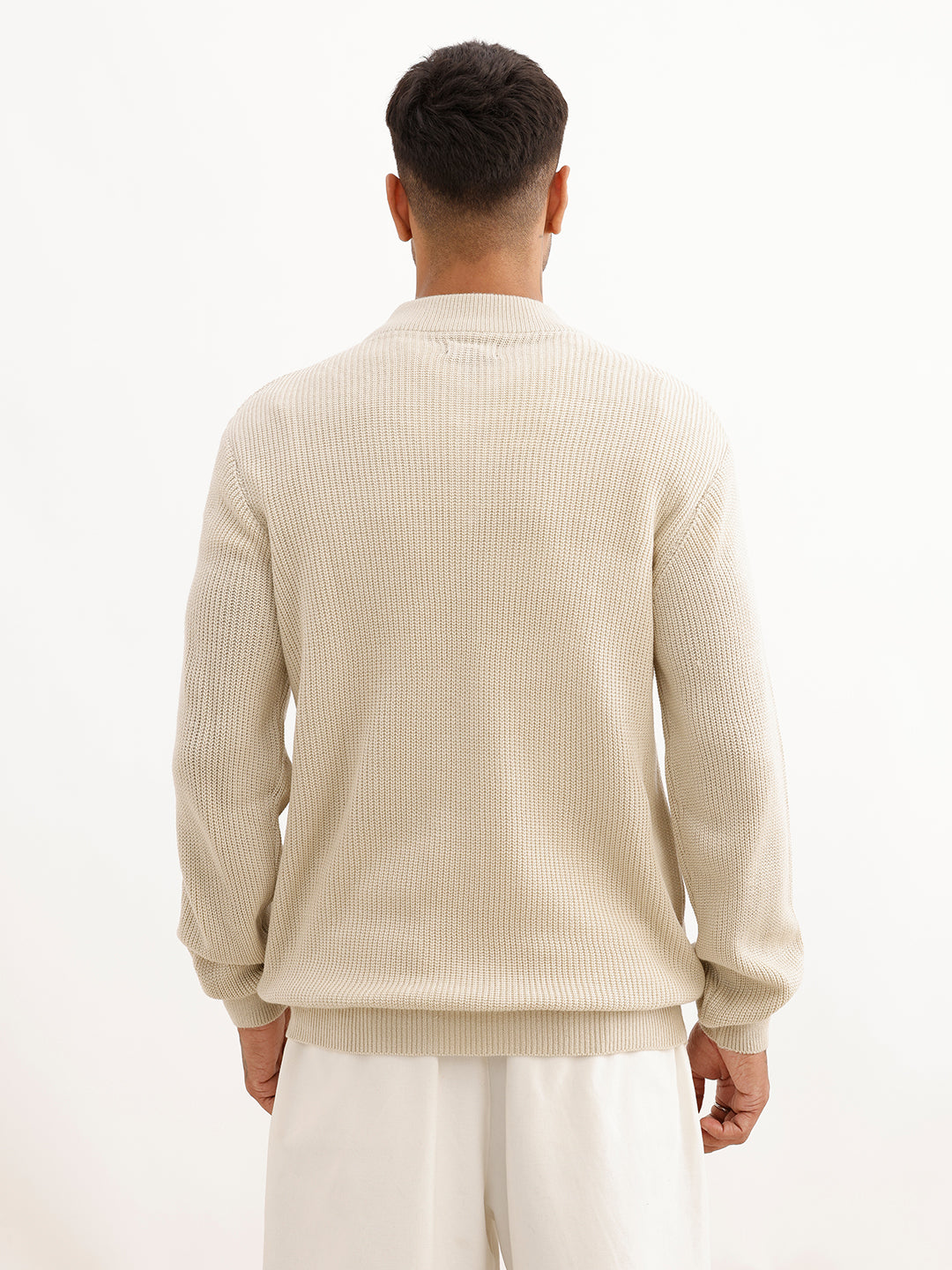 Regular Fit Textured Quater Zipper Sweater | Beige