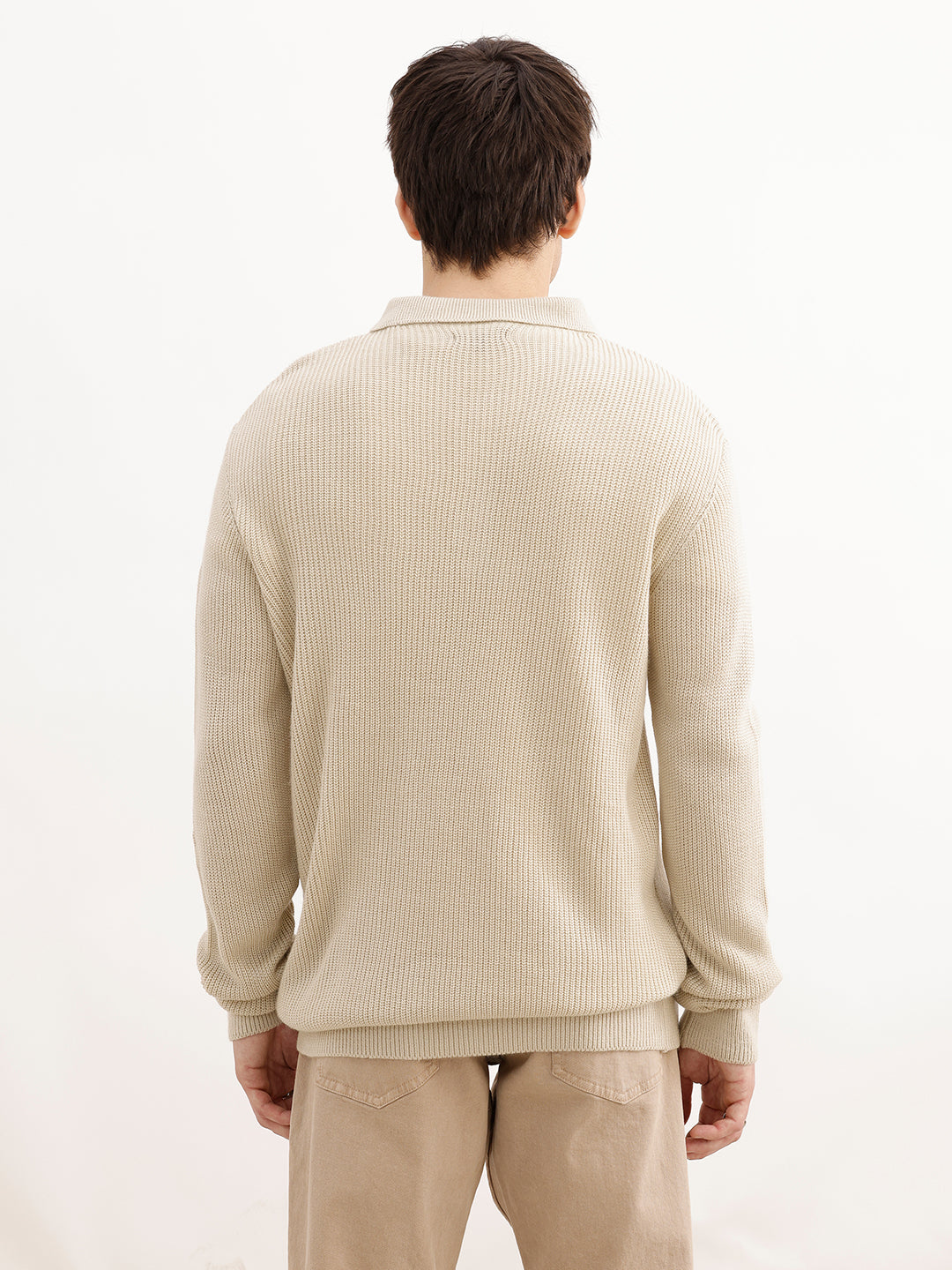 Solid Quater Zip Knitted Sweater | Beige | WSW02FSRE1068W