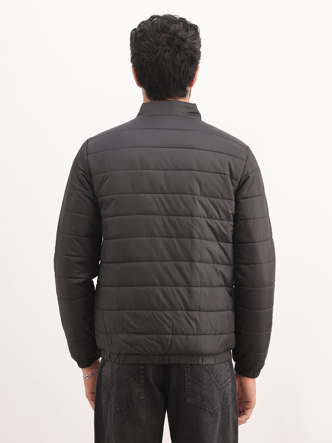 Solid Regular Fit Puffer Jacket | Black