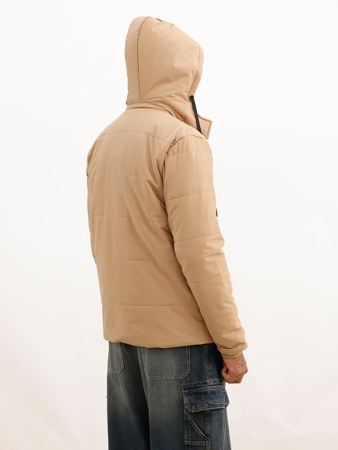 Solid Regular Fit Hooded Puffer Jacket | Beige