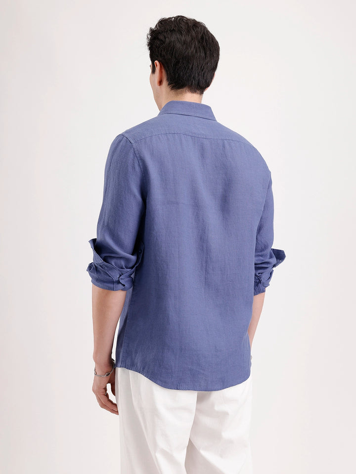 Solid Slim Fit Linen Blend Shirt  | Navy Blue