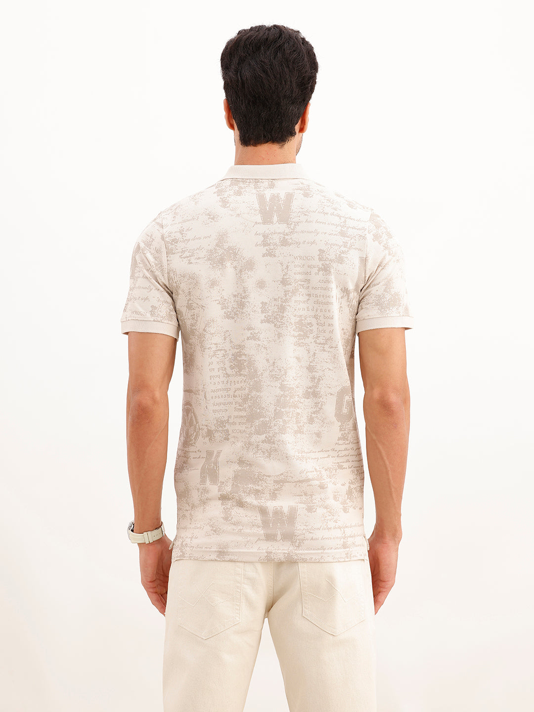 Abstract Printed Slim Fit Polo T-Shirt | Beige