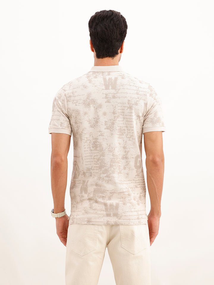 Abstract Printed Slim Fit Polo T-Shirt | Beige