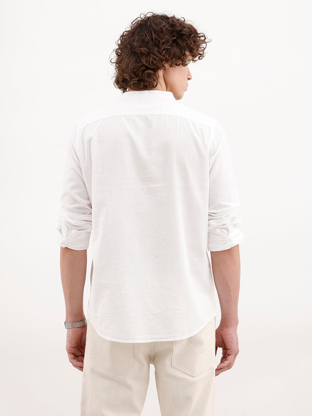 Solid Slim Fit Mandarin Collar Shirt | White
