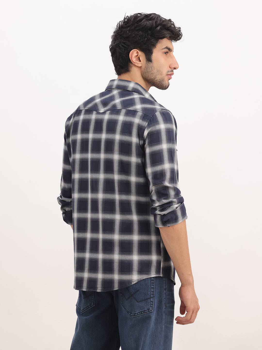 Slim Fit Checkered Double Pocket Shirt | Navy Blue