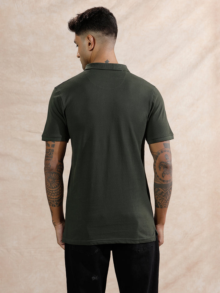 Asymmetric Colour Blocked Polo T-Shirt | Olive