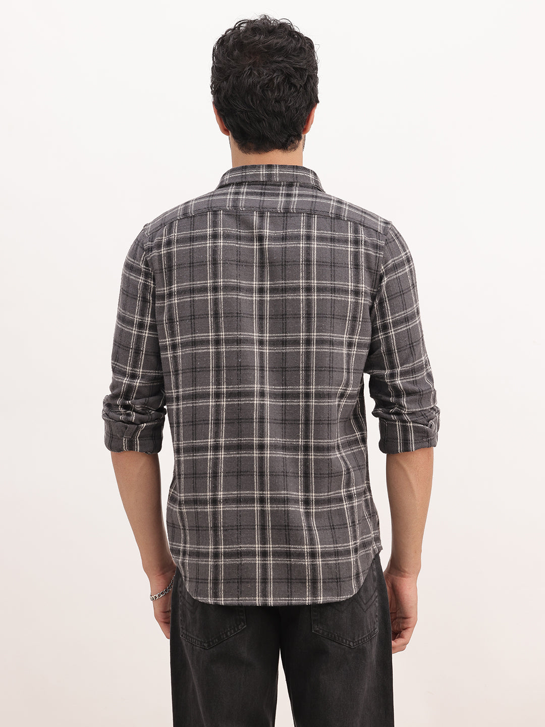 Slim Fit Checkered Full Sleeve Shirt | Dark Grey