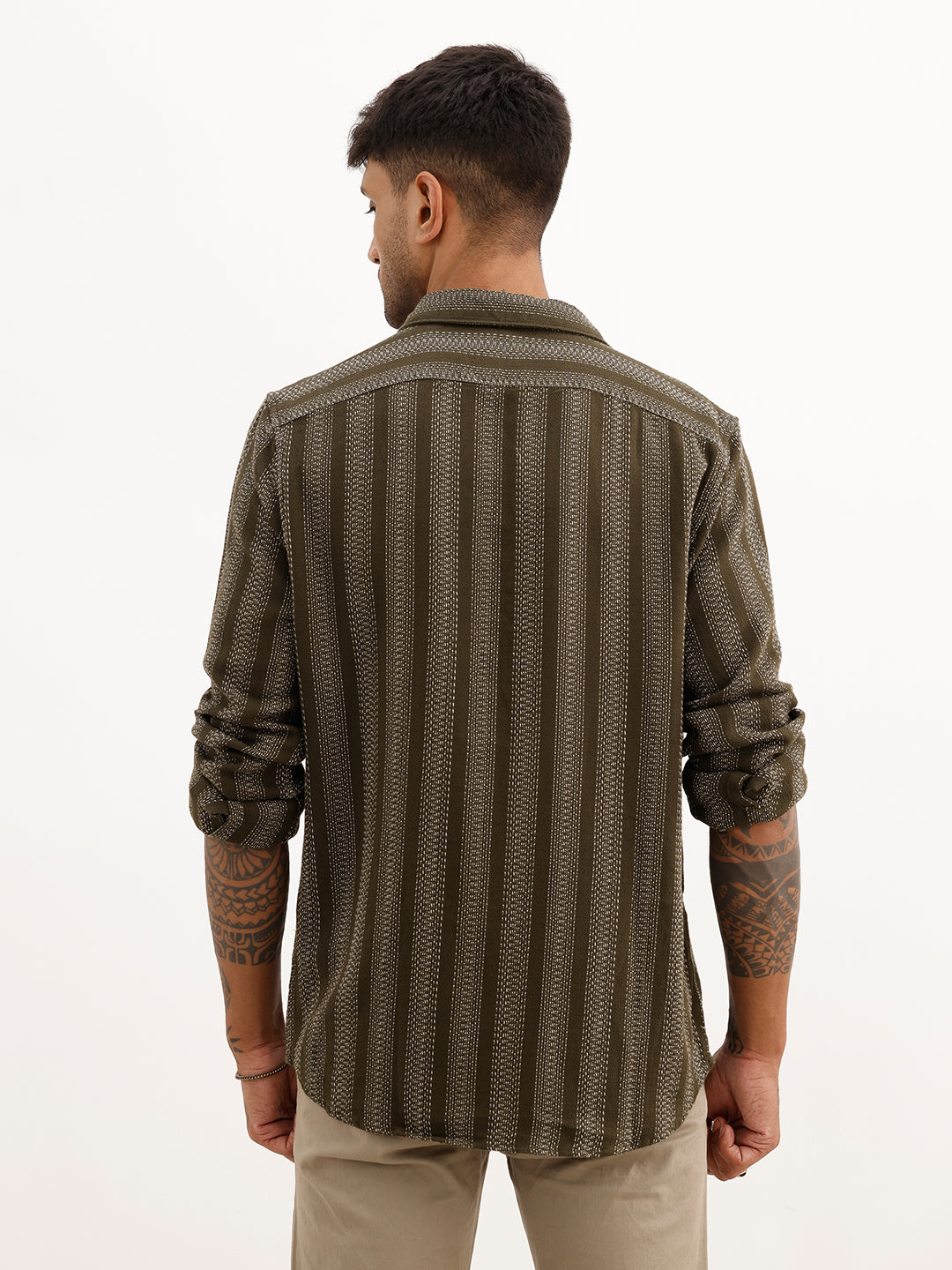 Textured Slim Fit Striped Shirt | Olive