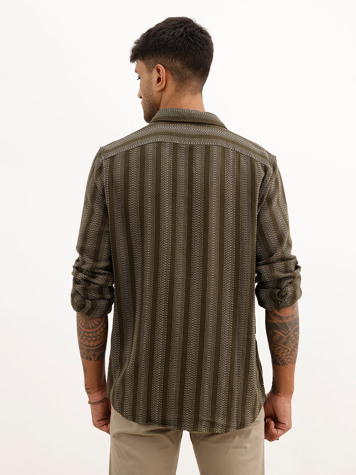 Textured Slim Fit Striped Shirt | Olive