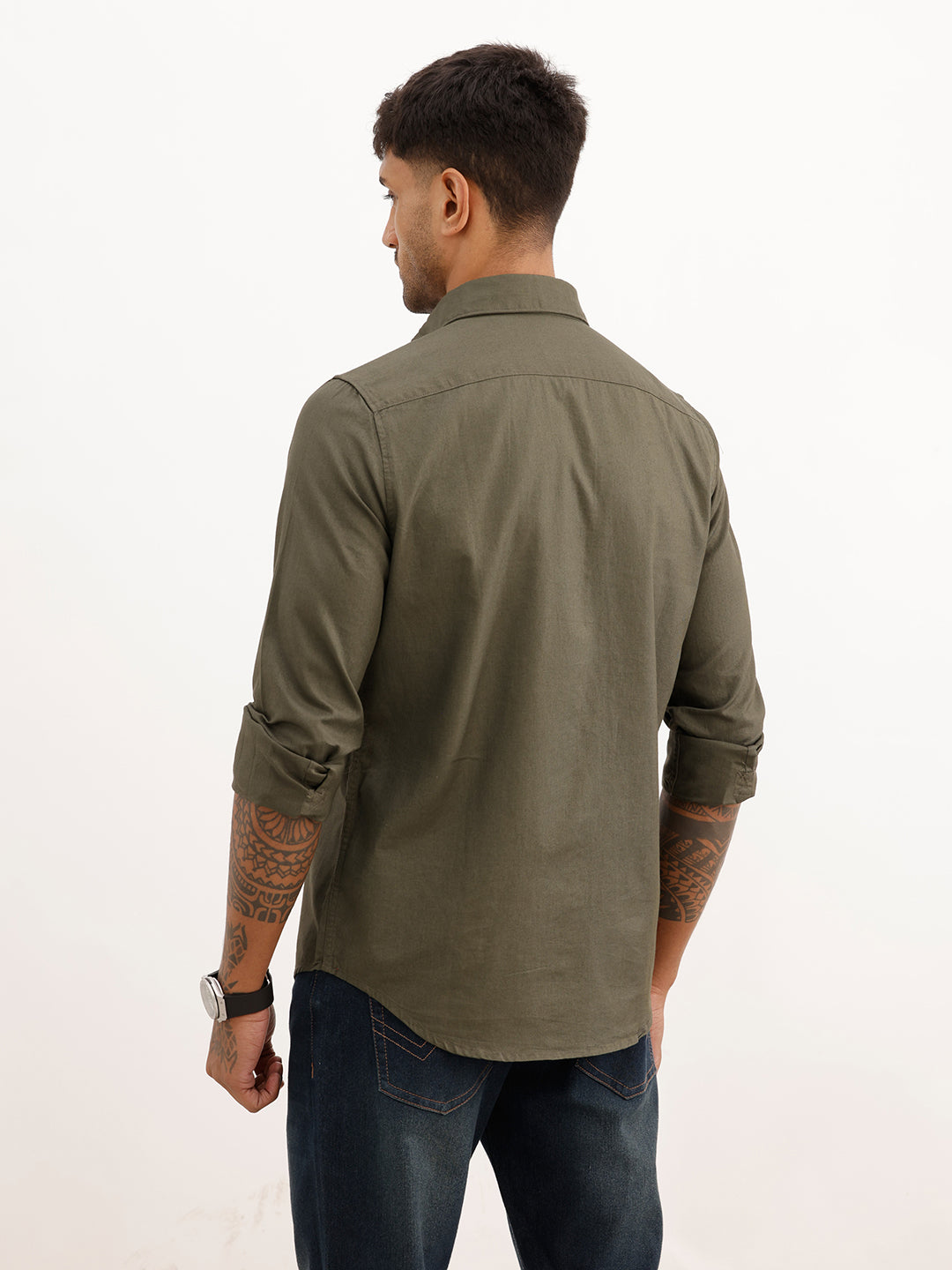 Solid Relaxed Fit Full Sleeve Shirt | Olive