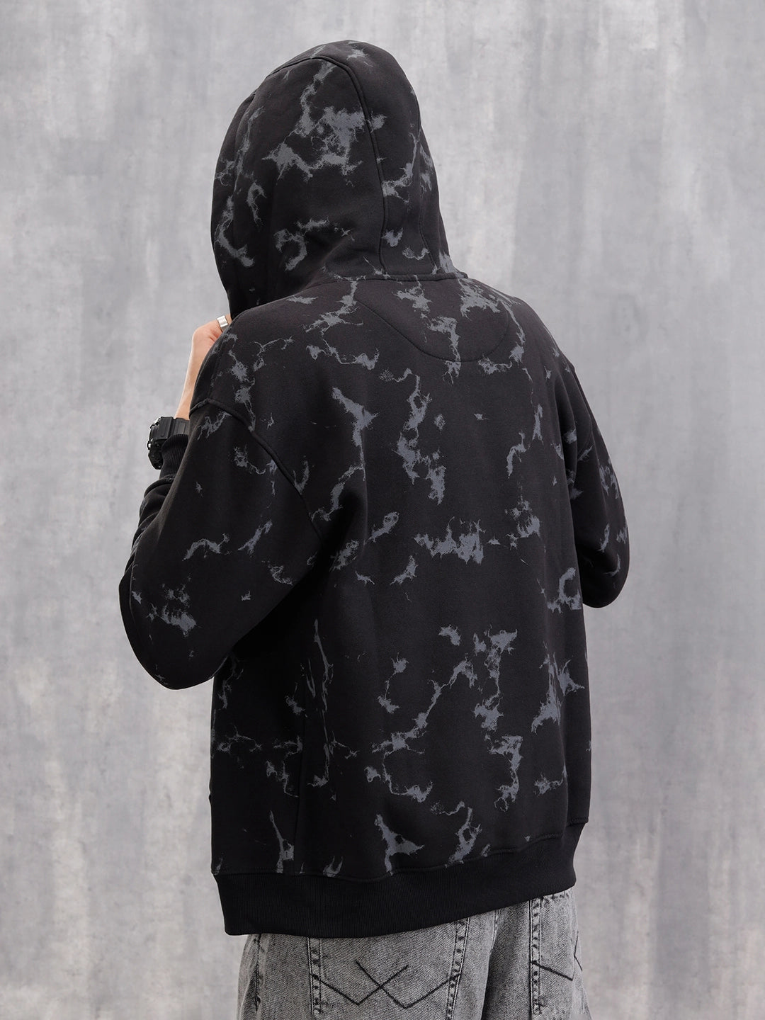 Distressed Printed Front Open Hooded Sweatshirt  |  Black