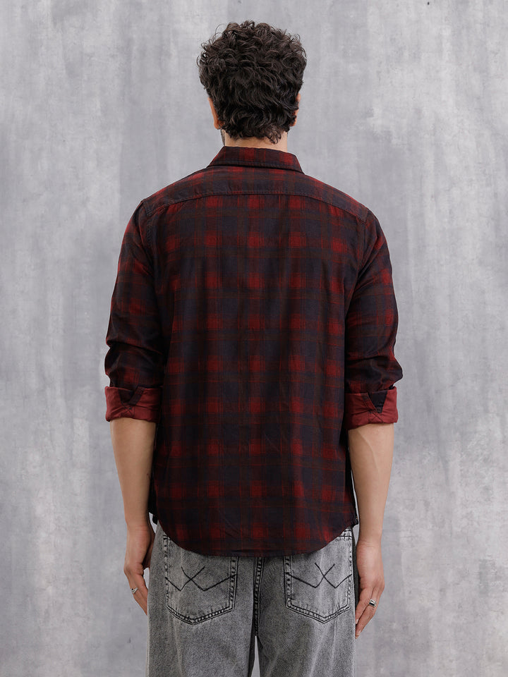 Corduroy Check Printed Shirt In Slim Fit | Maroon