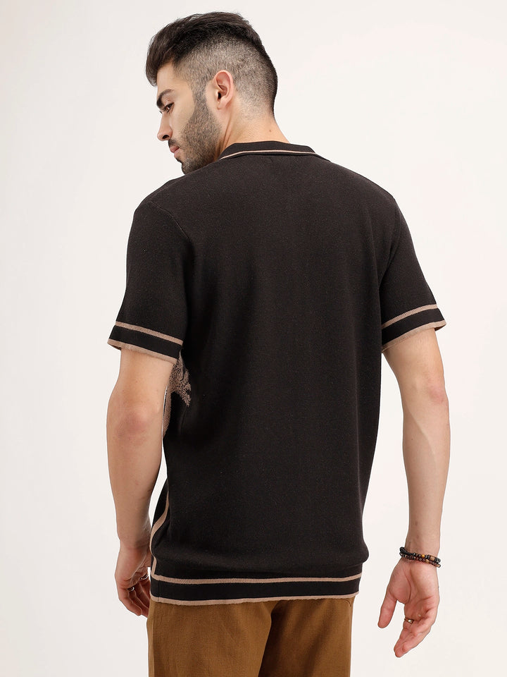 Slim Fit Jacquard Resort Collar Shirt | Black