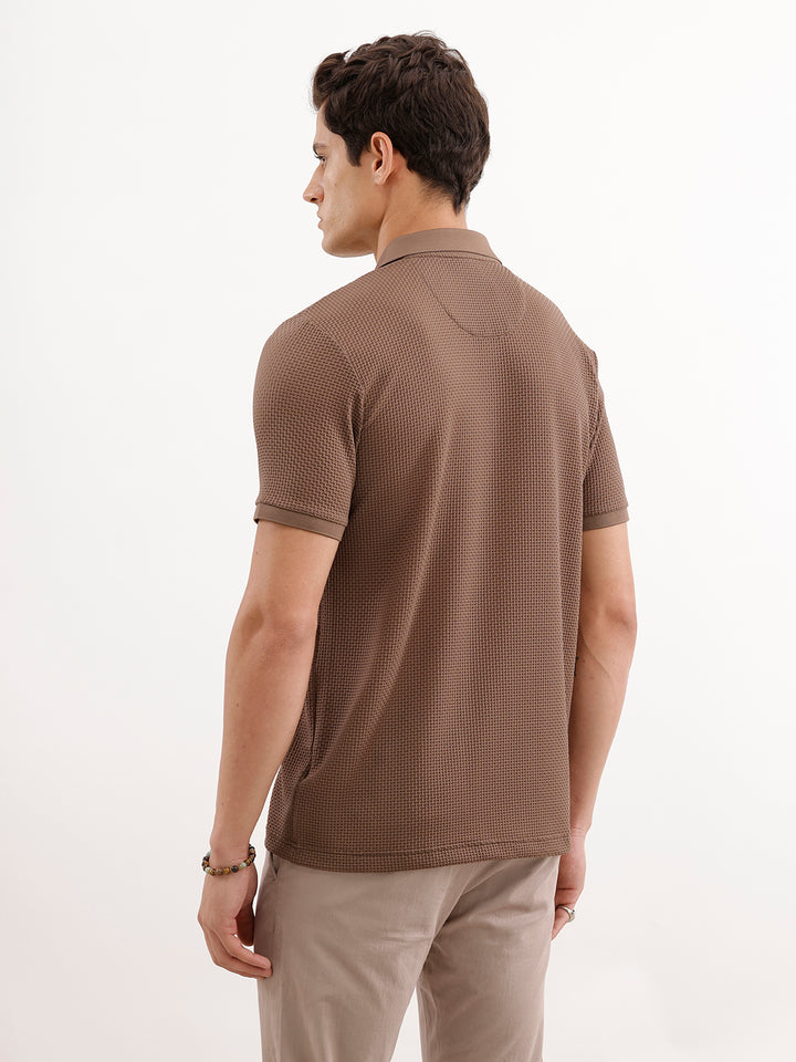 Slim Fit Solid Textured Polo T-Shirt  | Brown