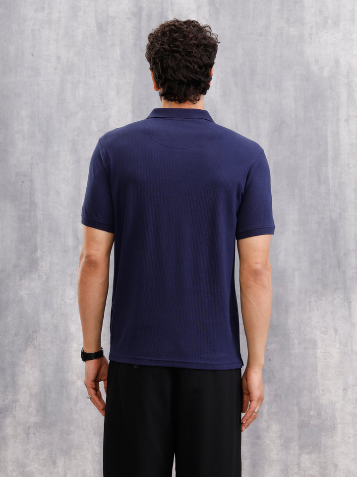 Solid Textured Slim Fit Polo T-Shirt  | Navy Blue