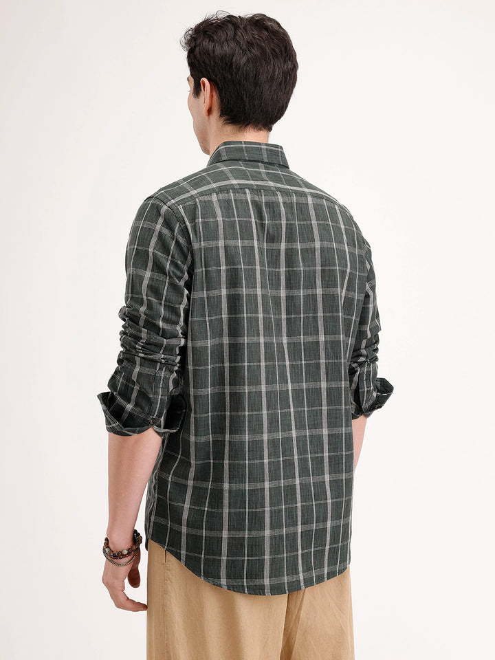 Slim Fit Checkered Linen Blend Shirt | Green