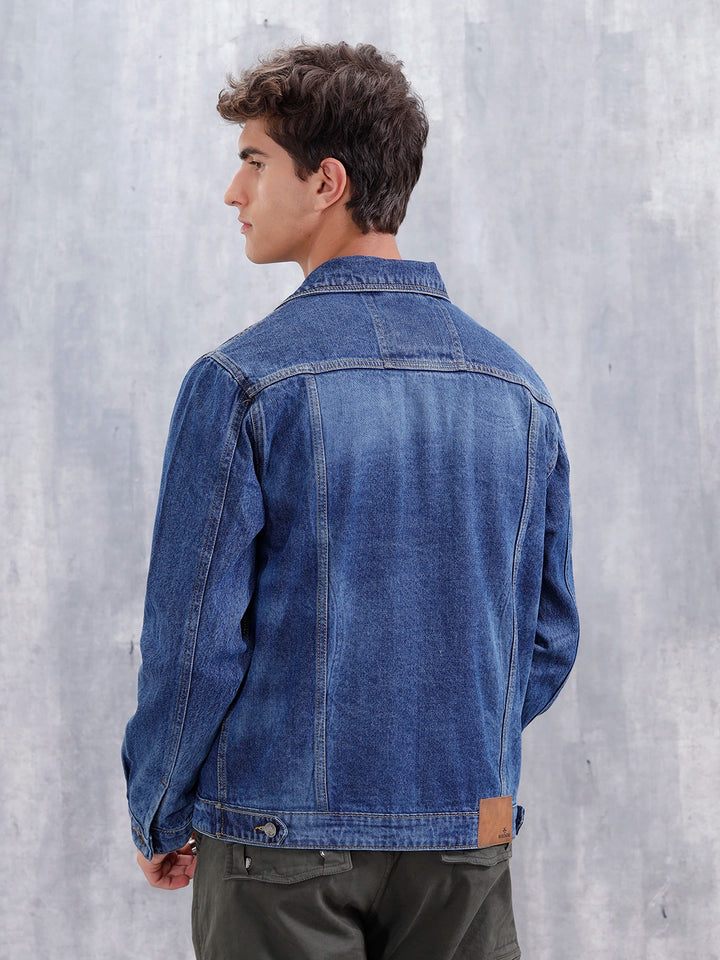 Slim Fit Laser Printed Denim Trucker | Dark Wash