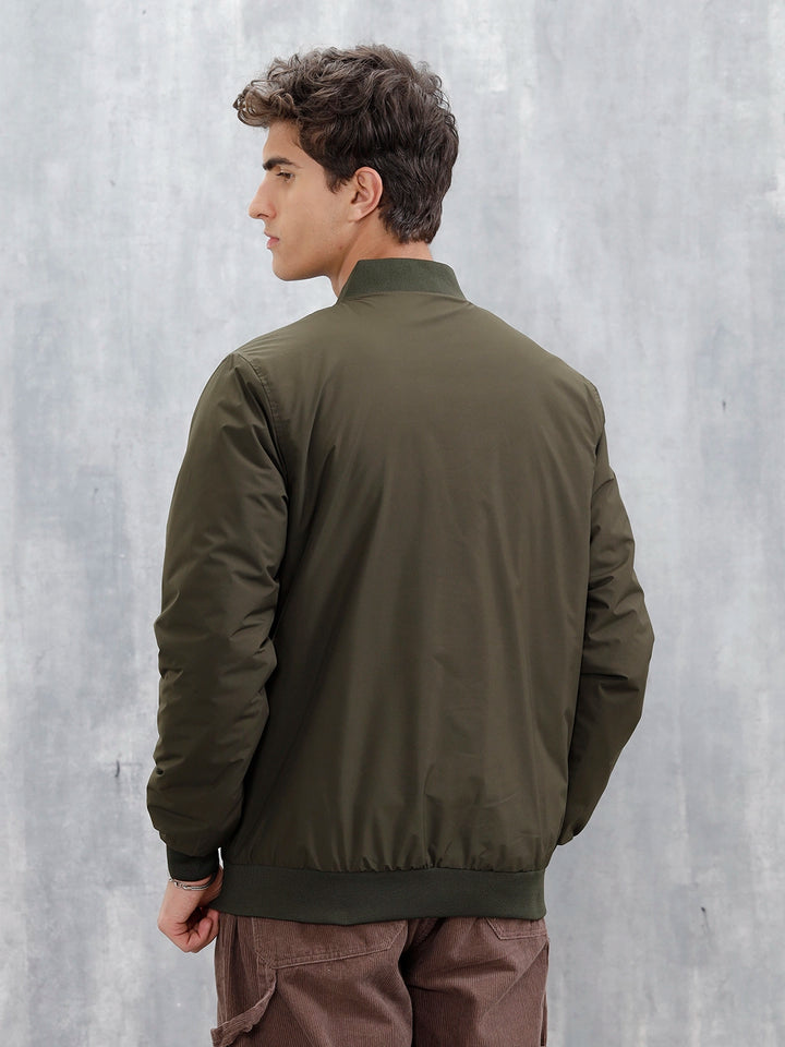 Men's Casual Solid Bomber Jacket | Olive